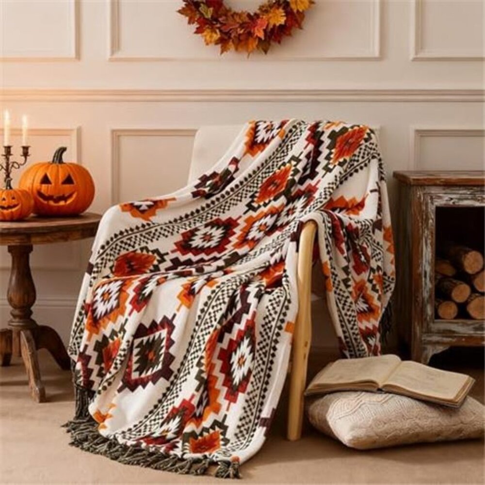 Boho Throw Blanket Orange Green Decorative Flannel Blanket Tassel Couch Bed Sofa
